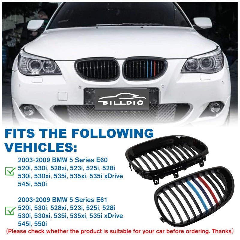 BILLDIO E60 Grille,Front Kidney Grill M Color Grille Compatible With 2003-2009 BMW 5 series E60 E61 520i,523i,525i,528i,530i,535i,550i,ABS Gloss Black Single Slat - Image 4